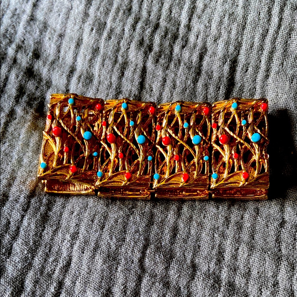 Gold Bracelet with Orange and Turquoise Accents - Picture 2 of 4